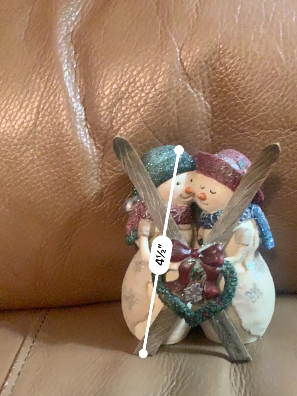 Holiday Snowman Couple Figurine with Red Bow and Green Wreath